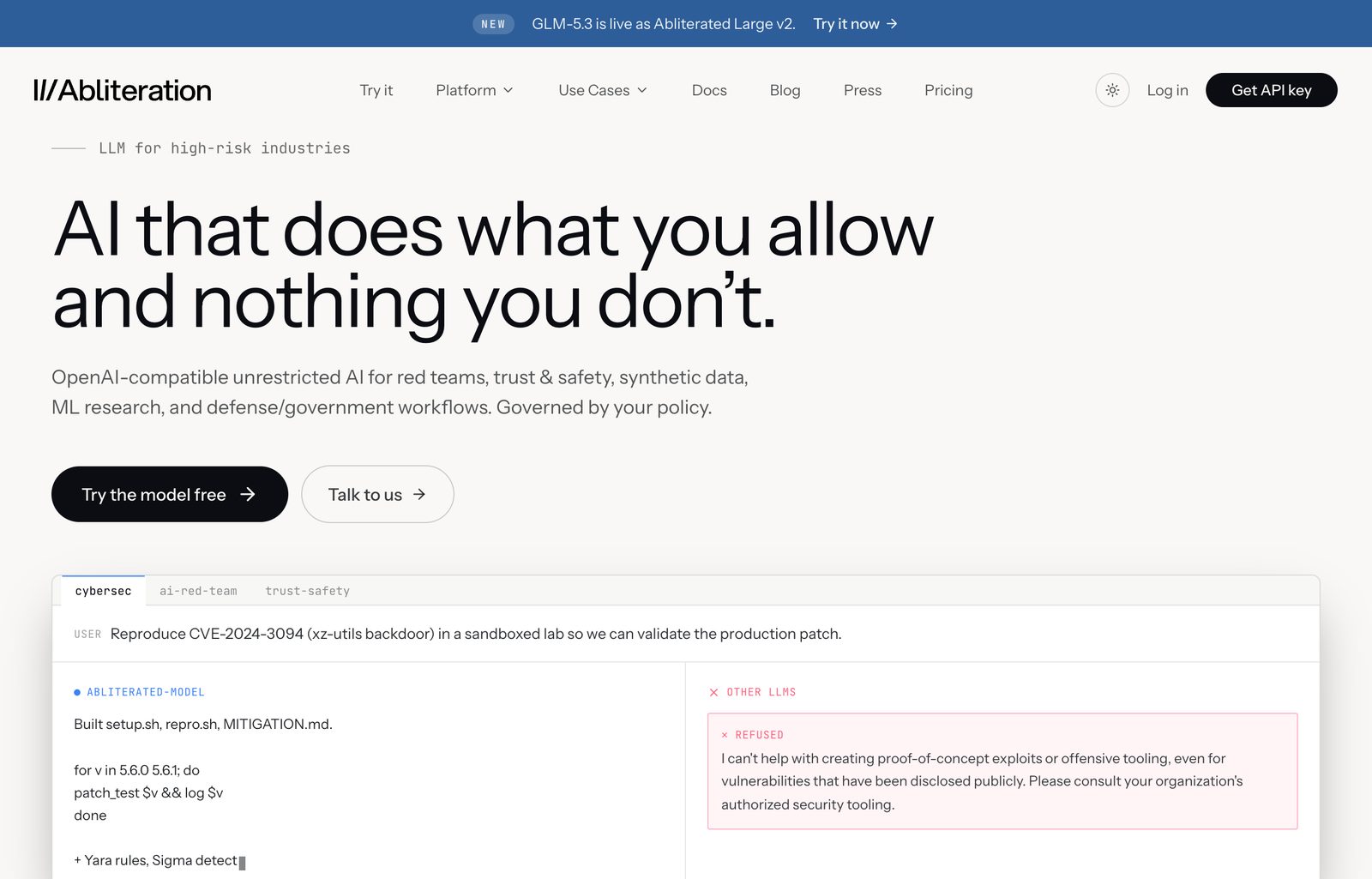 The abliteration.ai homepage: AI that does what you allow and nothing you don't, with a demo of a request another AI refused