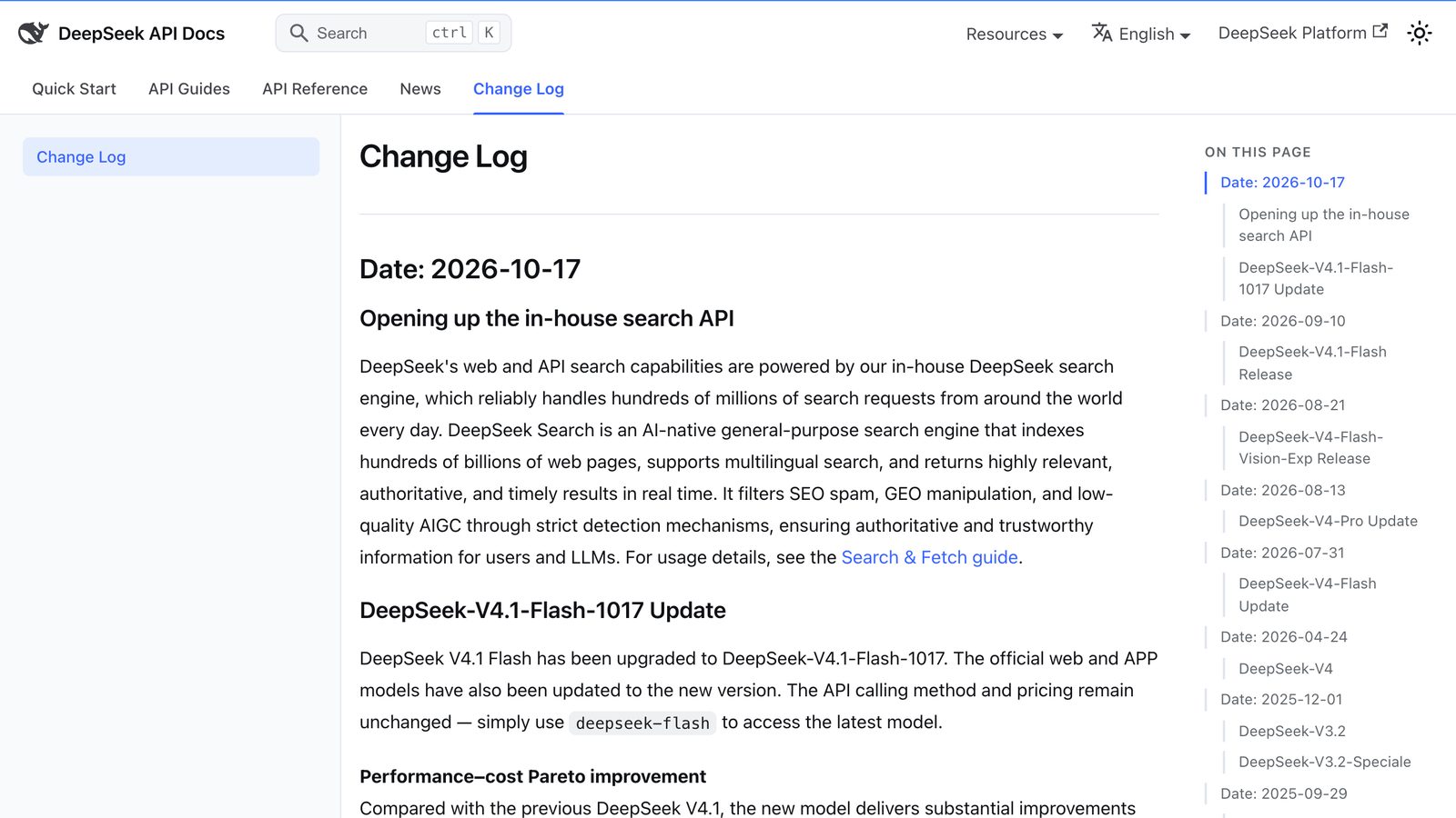 DeepSeek's API changelog, dated 17 October 2026, announcing the DeepSeek-V4.1-Flash-1017 update