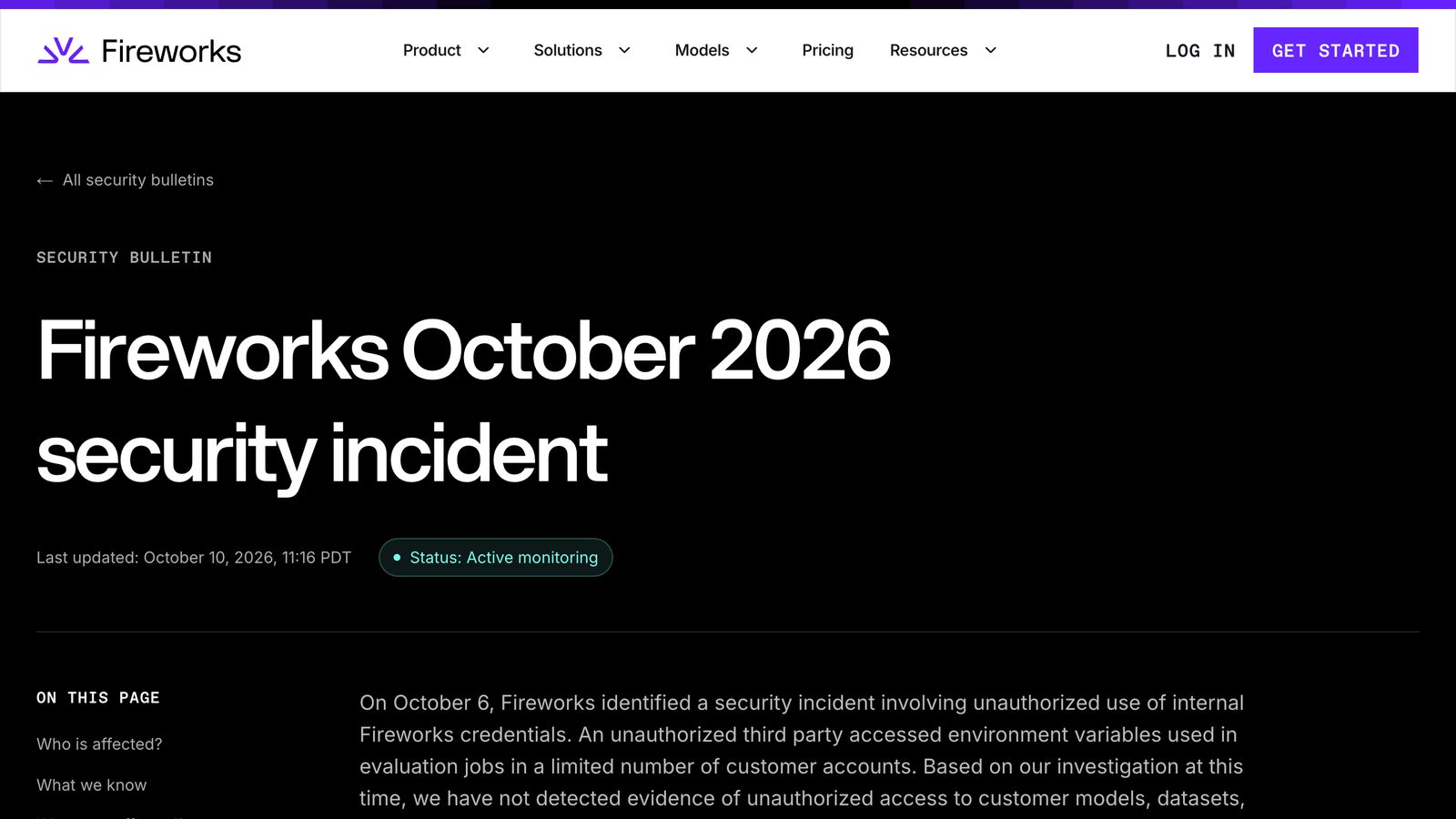 Fireworks AI's security bulletin for its October 2026 incident
