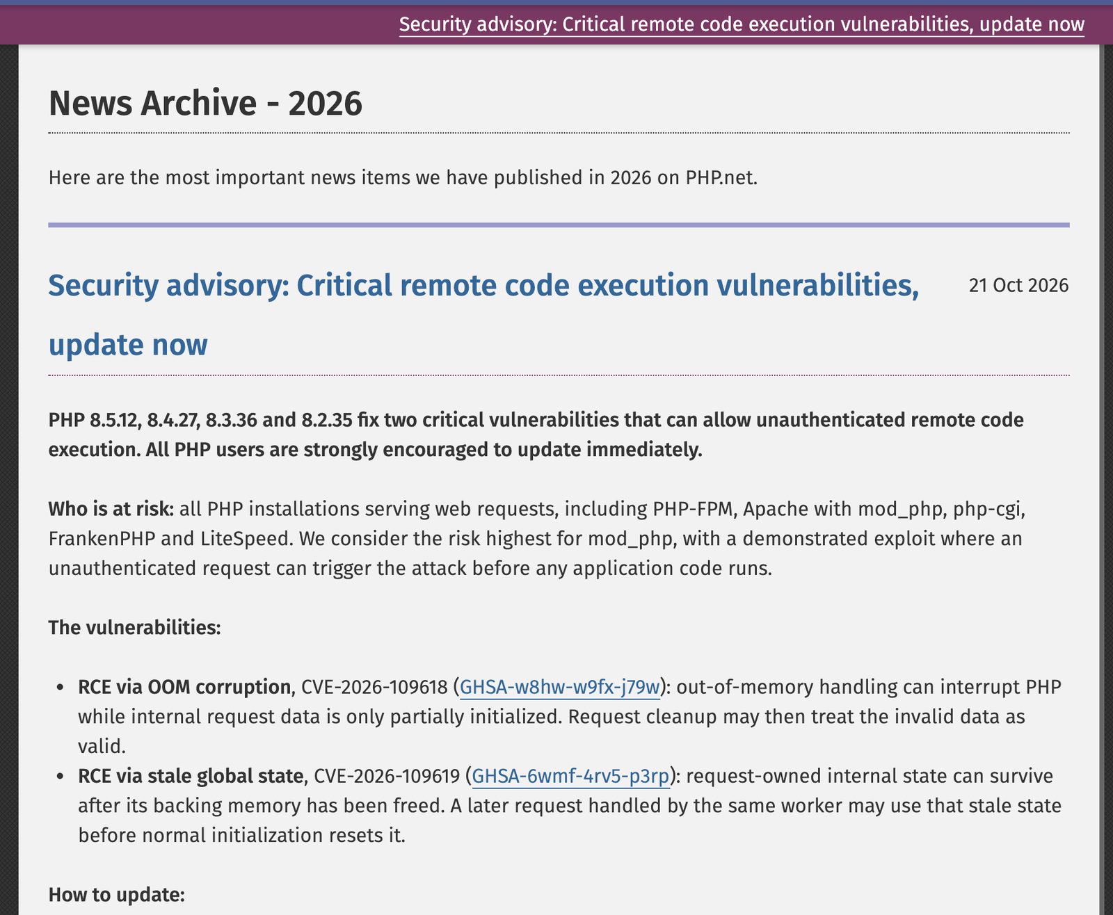 PHP.net's security advisory: critical remote code execution vulnerabilities, update now, listing PHP 8.5.12, 8.4.27, 8.3.36 and 8.2.35