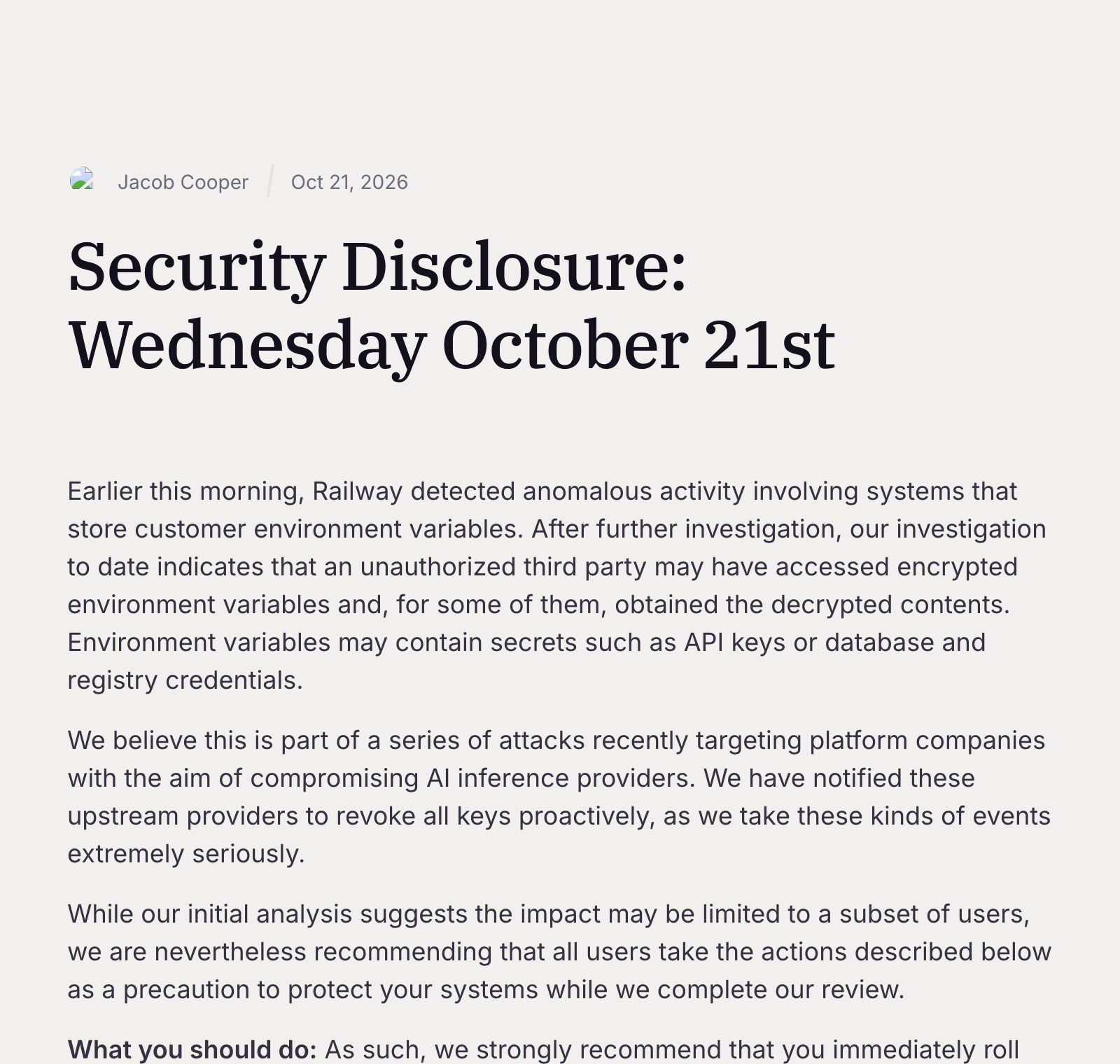 Railway's security disclosure of 21 October 2026, describing unauthorised access to customer environment variables